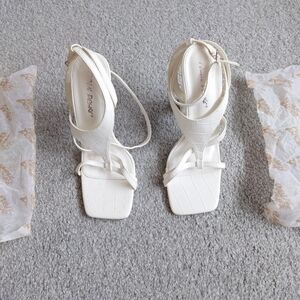 Public Desire Croc-Embossed Leather Bring It Strappy Square Toe Heels White